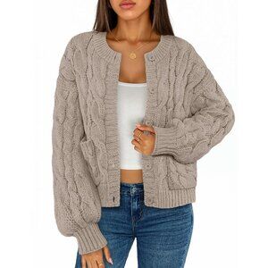 Chunky Cable Knit Cardigan Sweater, Button Up Long Sleeve, Utility Pockets